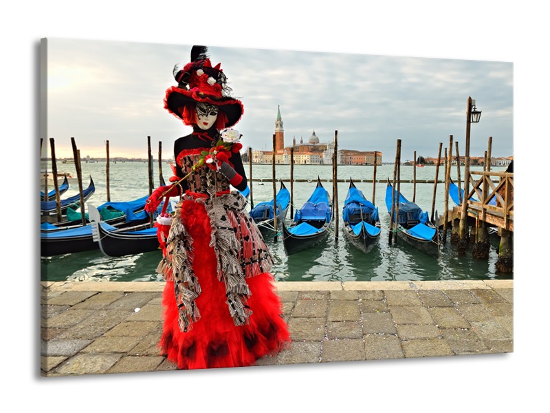 Glasschilderij Venetië, Masker | Rood, Blauw, Grijs | 140x90cm 1Luik