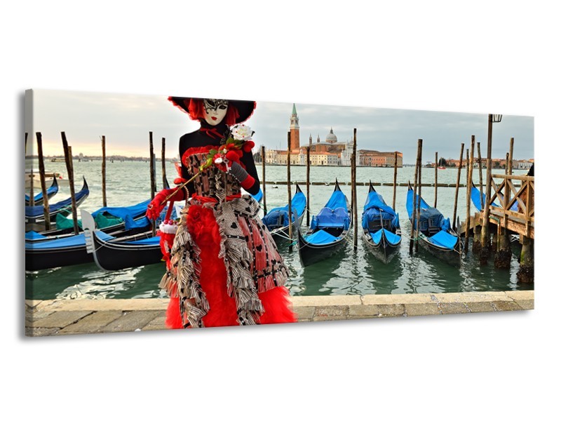 Glasschilderij Venetië, Masker | Rood, Blauw, Grijs | 145x58cm 1Luik