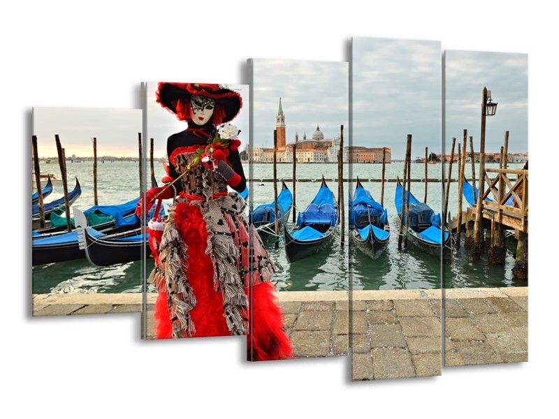 Canvas Schilderij Venetie, Masker | Rood, Blauw, Grijs | 150x100cm 5Luik