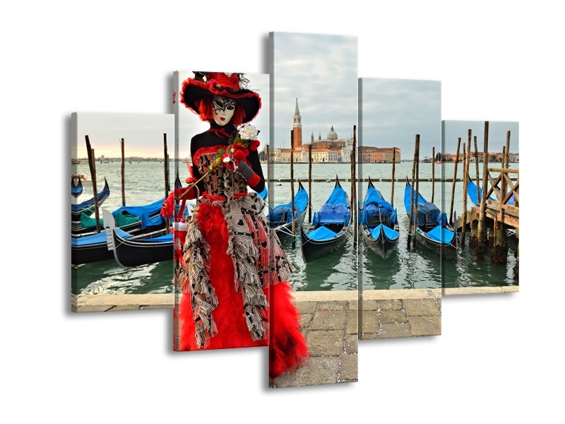 Glasschilderij Venetië, Masker | Rood, Blauw, Grijs | 150x105cm 5Luik