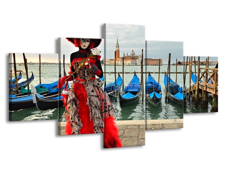 Glasschilderij Venetië, Masker | Rood, Blauw, Grijs | 150x80cm 5Luik