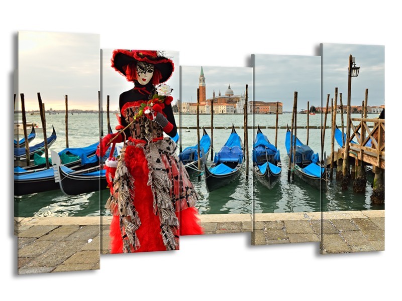 Glasschilderij Venetië, Masker | Rood, Blauw, Grijs | 150x80cm 5Luik