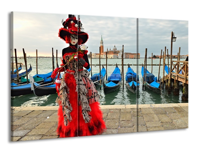 Glasschilderij Venetië, Masker | Rood, Blauw, Grijs | 165x100cm 3Luik