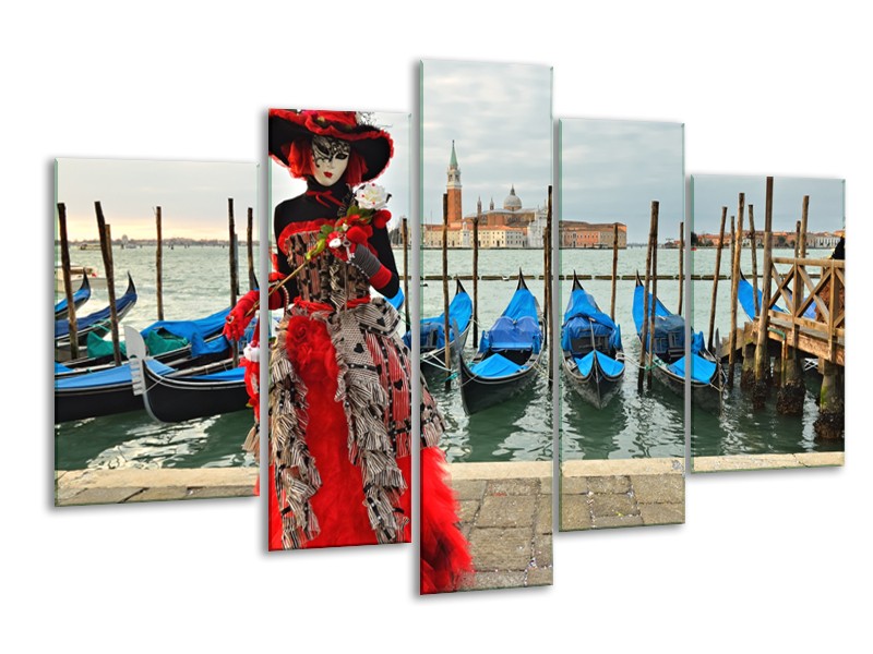 Canvas Schilderij Venetie, Masker | Rood, Blauw, Grijs | 170x100cm 5Luik