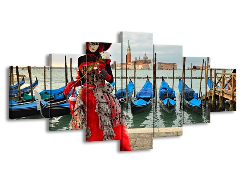 Glasschilderij Venetië, Masker | Rood, Blauw, Grijs | 210x100cm 7Luik