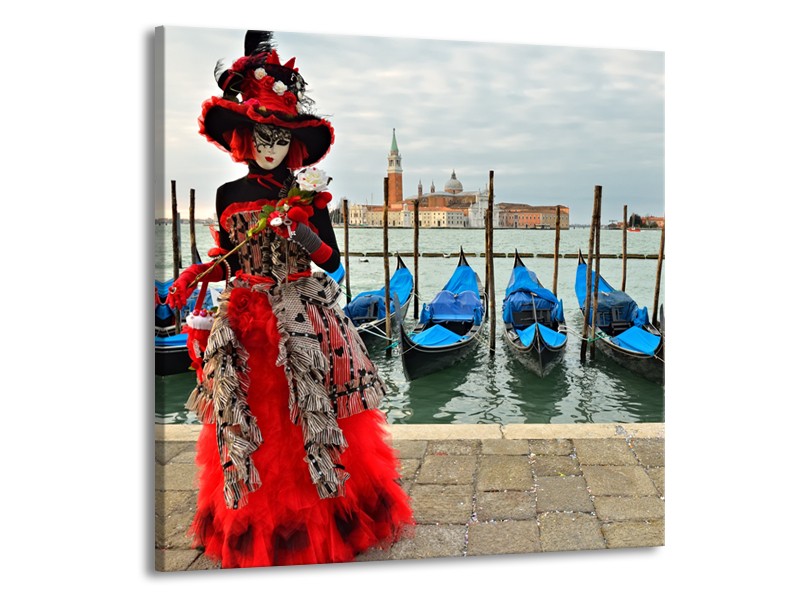Glasschilderij Venetië, Masker | Rood, Blauw, Grijs | 50x50cm 1Luik
