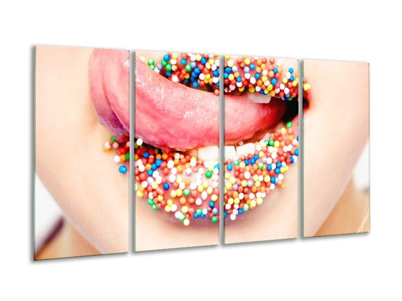 Glasschilderij Lippen, Tong | Roze, Crème, Blauw | 160x80cm 4Luik