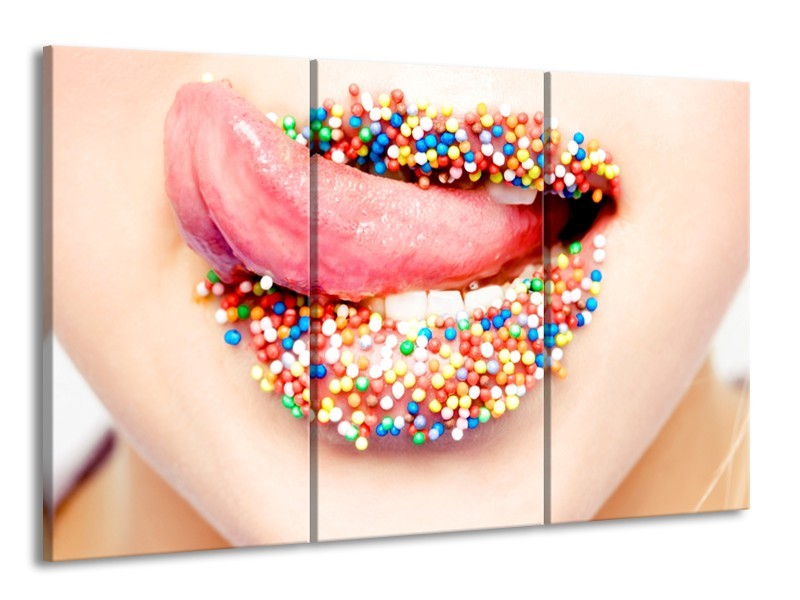 Canvas Schilderij Lippen, Tong | Roze, Crème, Blauw | 165x100cm 3Luik