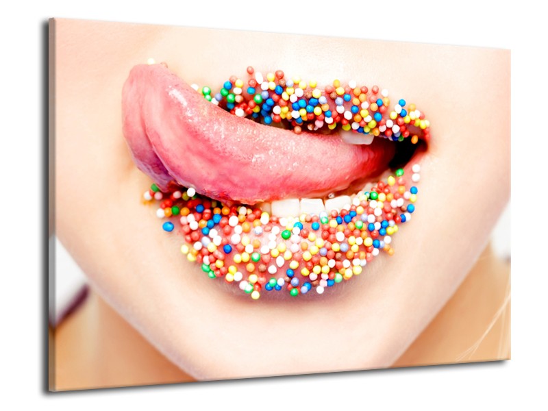 Canvas Schilderij Lippen, Tong | Roze, Crème, Blauw | 70x50cm 1Luik
