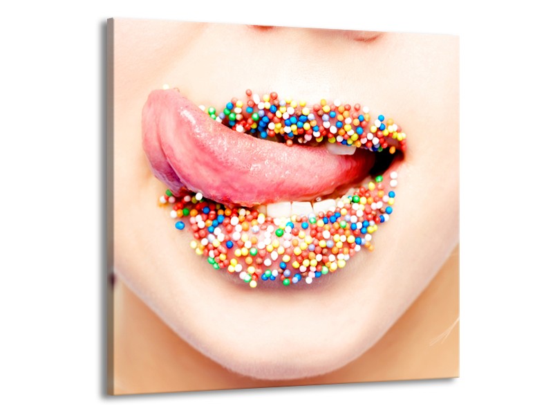 Glasschilderij Lippen, Tong | Roze, Crème, Blauw | 70x70cm 1Luik