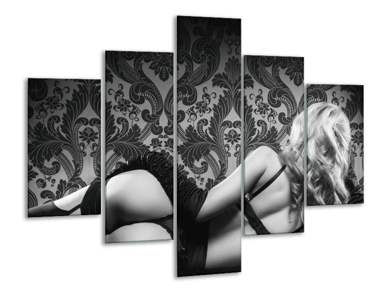 Glasschilderij Vrouw, Kunst | Zwart, Wit, Grijs | 100x70cm 5Luik