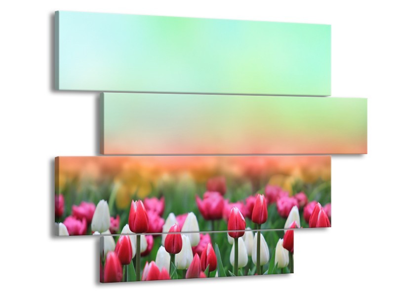 Canvas Schilderij Tulpen, Bloemen | Groen, Roze, Wit | 115x85cm 4Luik