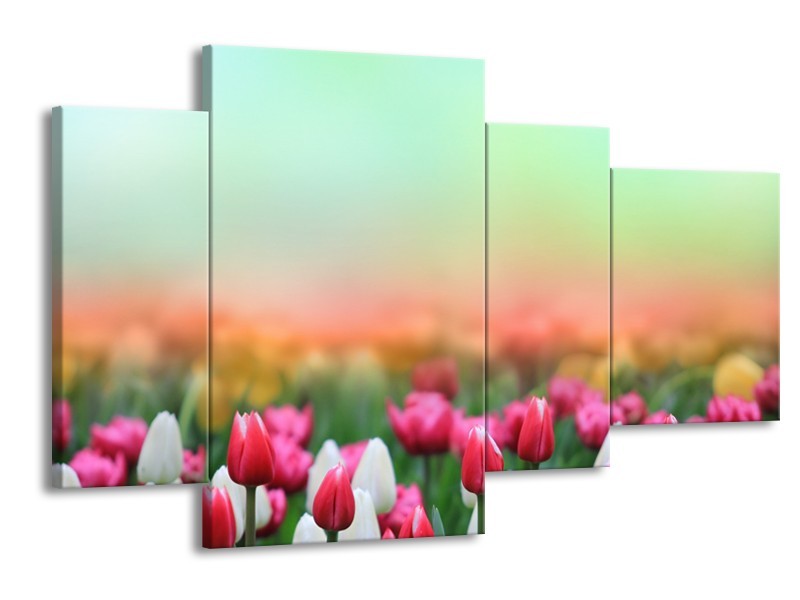 Canvas Schilderij Tulpen, Bloemen | Groen, Roze, Wit | 120x75cm 4Luik