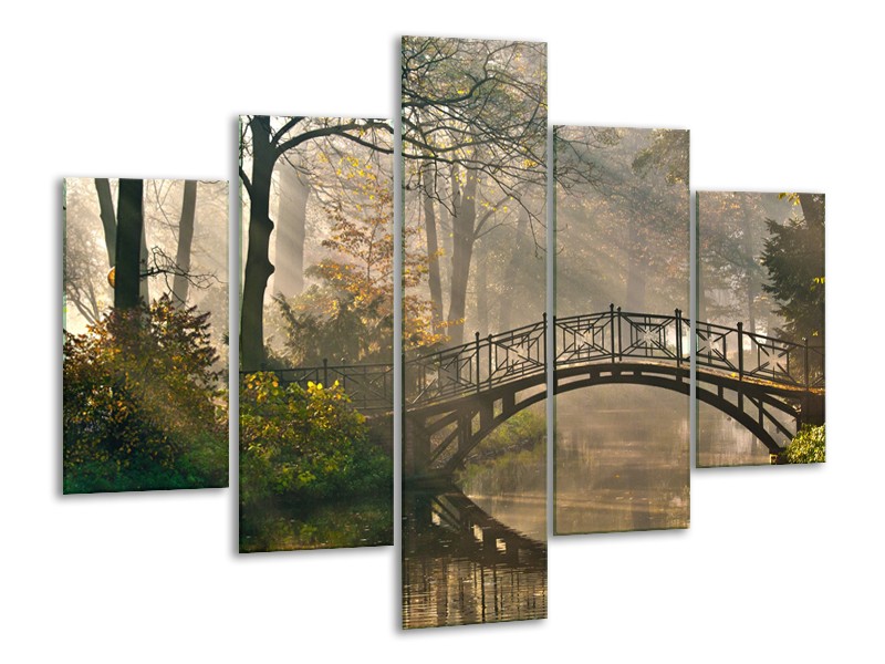 Glasschilderij Brug, Natuur | Grijs, Groen, Bruin | 100x70cm 5Luik