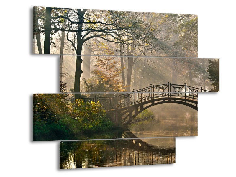 Glasschilderij Brug, Natuur | Grijs, Groen, Bruin | 115x85cm 4Luik