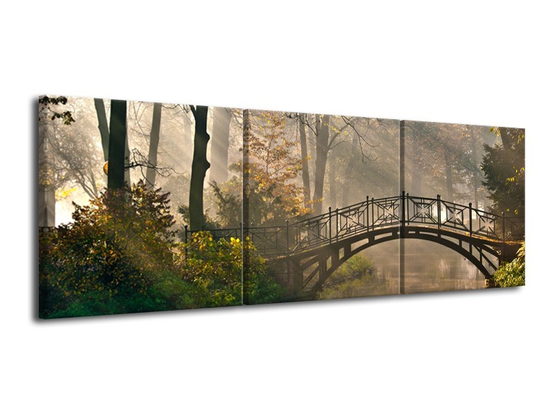 Canvas Schilderij Brug, Natuur | Grijs, Groen, Bruin | 120x40cm 3Luik