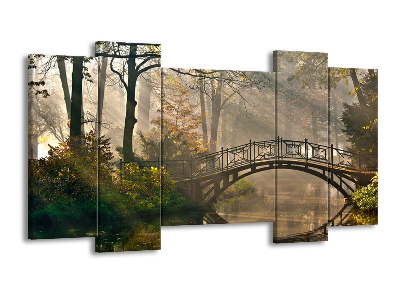 Canvas Schilderij Brug, Natuur | Grijs, Groen, Bruin | 120x65cm 5Luik