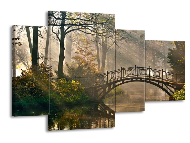 Canvas Schilderij Brug, Natuur | Grijs, Groen, Bruin | 120x75cm 4Luik