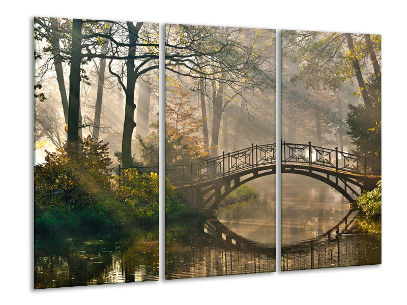 Canvas Schilderij Brug, Natuur | Grijs, Groen, Bruin | 120x80cm 3Luik