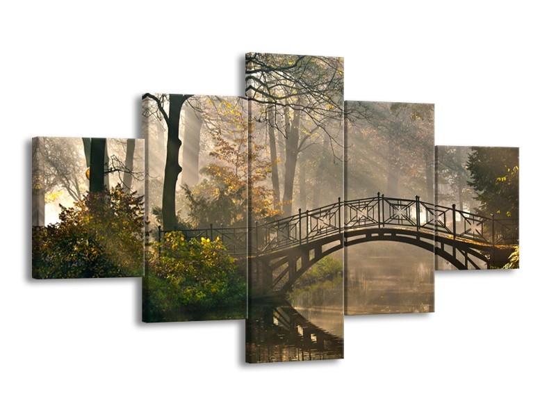 Canvas Schilderij Brug, Natuur | Grijs, Groen, Bruin | 125x70cm 5Luik