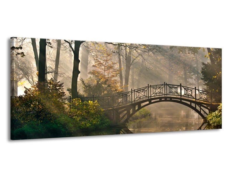 Canvas Schilderij Brug, Natuur | Grijs, Groen, Bruin | 145x58cm 1Luik