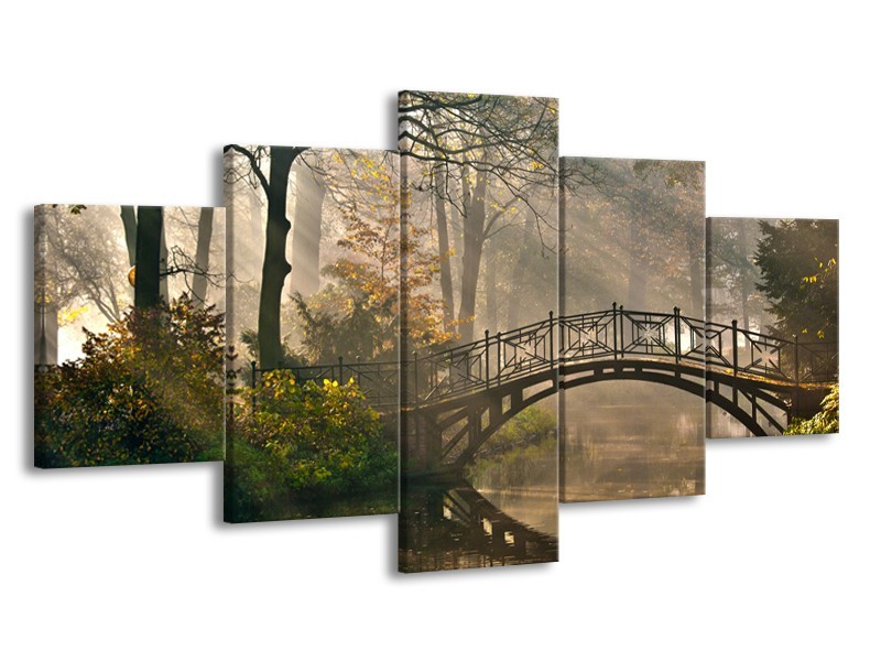 Canvas Schilderij Brug, Natuur | Grijs, Groen, Bruin | 150x80cm 5Luik