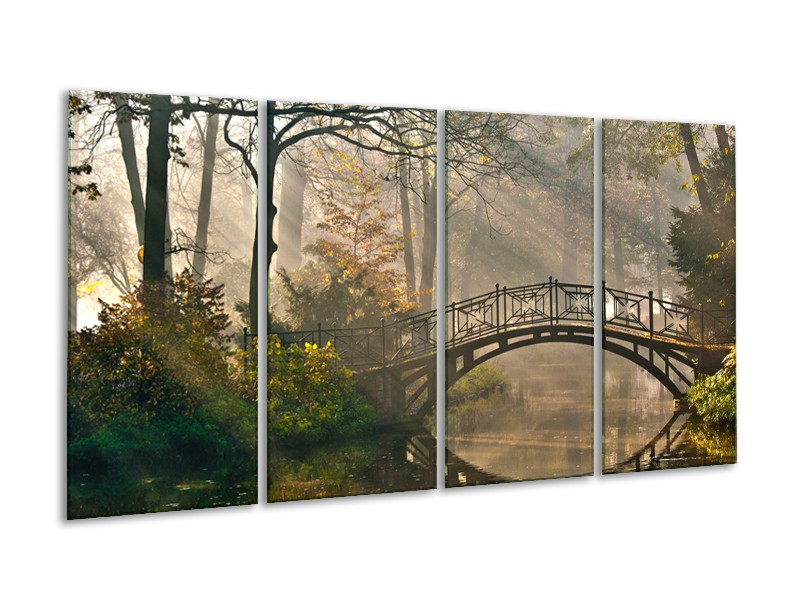 Canvas Schilderij Brug, Natuur | Grijs, Groen, Bruin | 160x80cm 4Luik