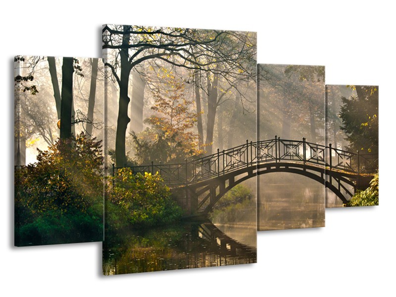 Canvas Schilderij Brug, Natuur | Grijs, Groen, Bruin | 160x90cm 4Luik