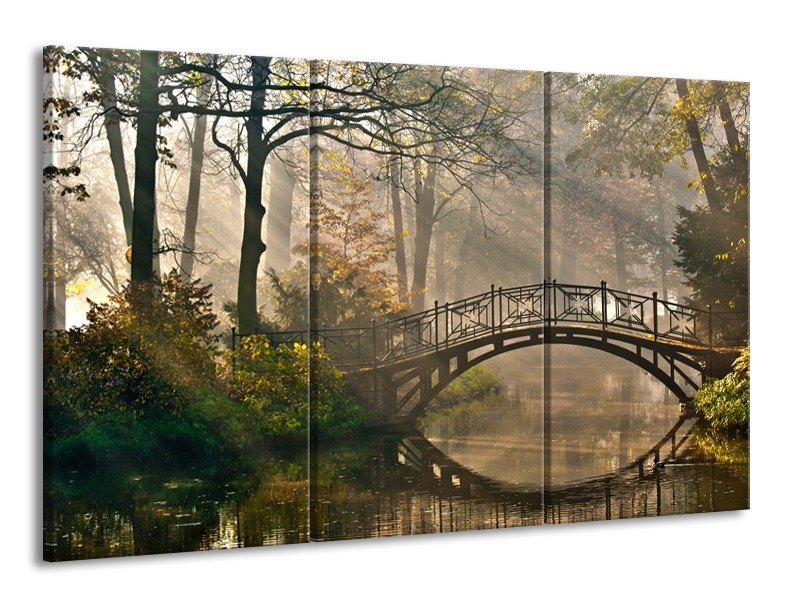 Canvas Schilderij Brug, Natuur | Grijs, Groen, Bruin | 165x100cm 3Luik