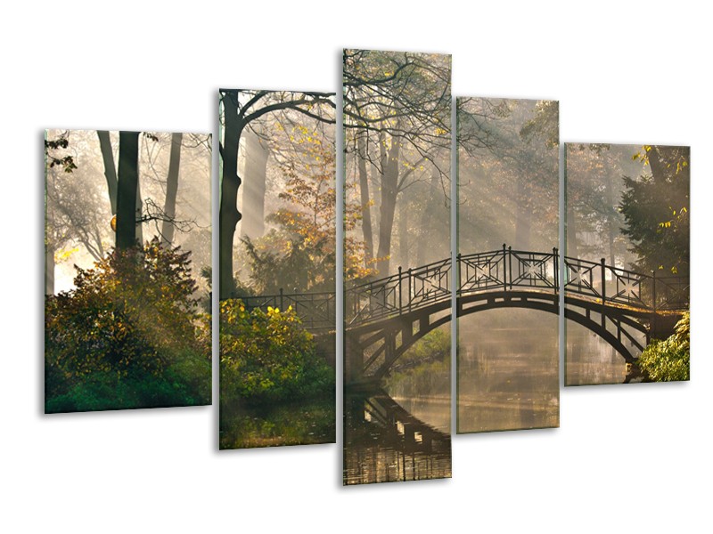 Canvas Schilderij Brug, Natuur | Grijs, Groen, Bruin | 170x100cm 5Luik