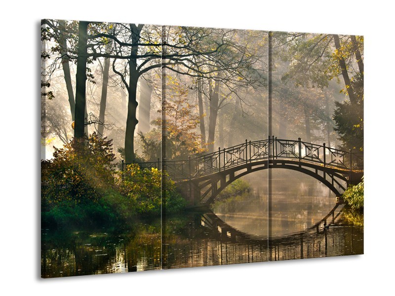 Canvas Schilderij Brug, Natuur | Grijs, Groen, Bruin | 60x90cm 3Luik