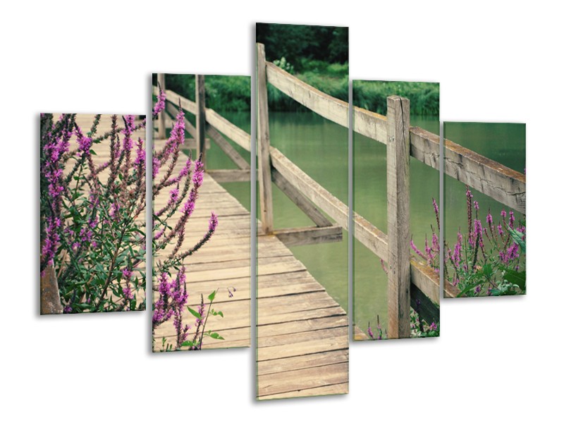 Canvas Schilderij Natuur, Brug | Groen, Paars, Grijs | 100x70cm 5Luik