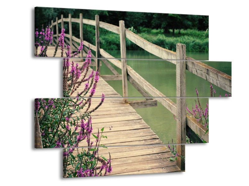 Canvas Schilderij Natuur, Brug | Groen, Paars, Grijs | 115x85cm 4Luik