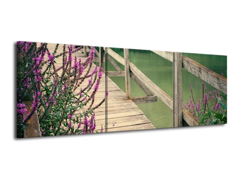 Glasschilderij Natuur, Brug | Groen, Paars, Grijs | 120x40cm 3Luik