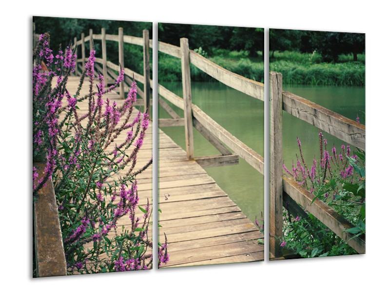 Canvas Schilderij Natuur, Brug | Groen, Paars, Grijs | 120x80cm 3Luik