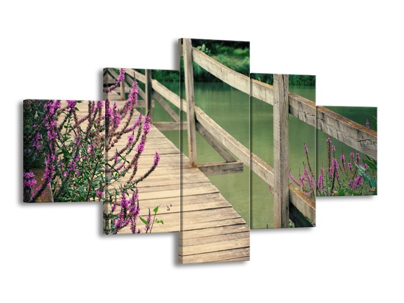 Canvas Schilderij Natuur, Brug | Groen, Paars, Grijs | 125x70cm 5Luik