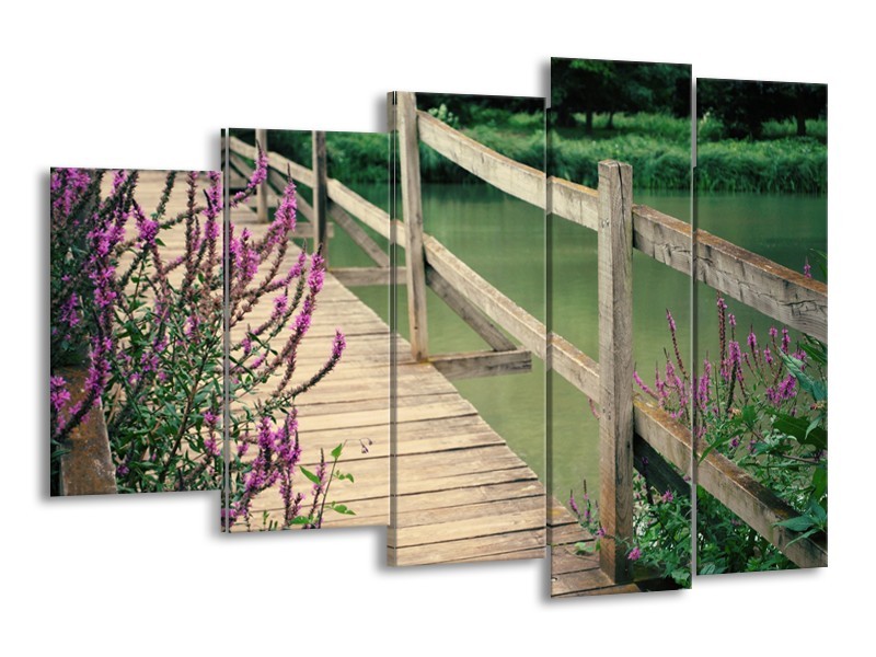 Canvas Schilderij Natuur, Brug | Groen, Paars, Grijs | 150x100cm 5Luik