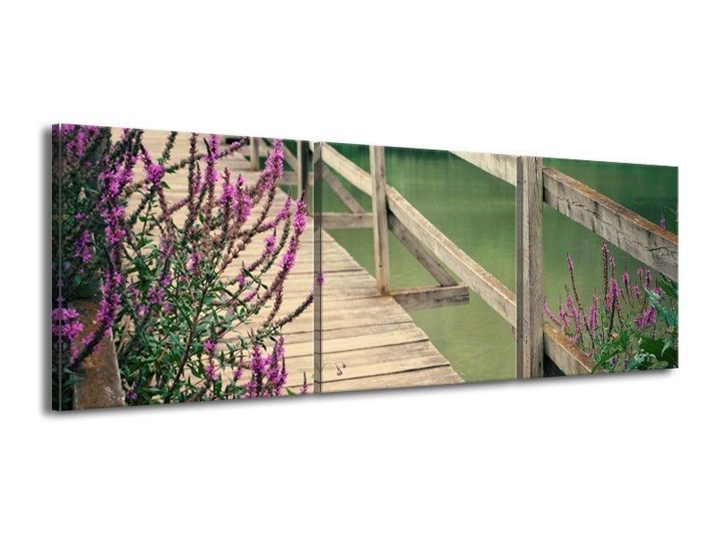 Glasschilderij Natuur, Brug | Groen, Paars, Grijs | 150x50cm 3Luik