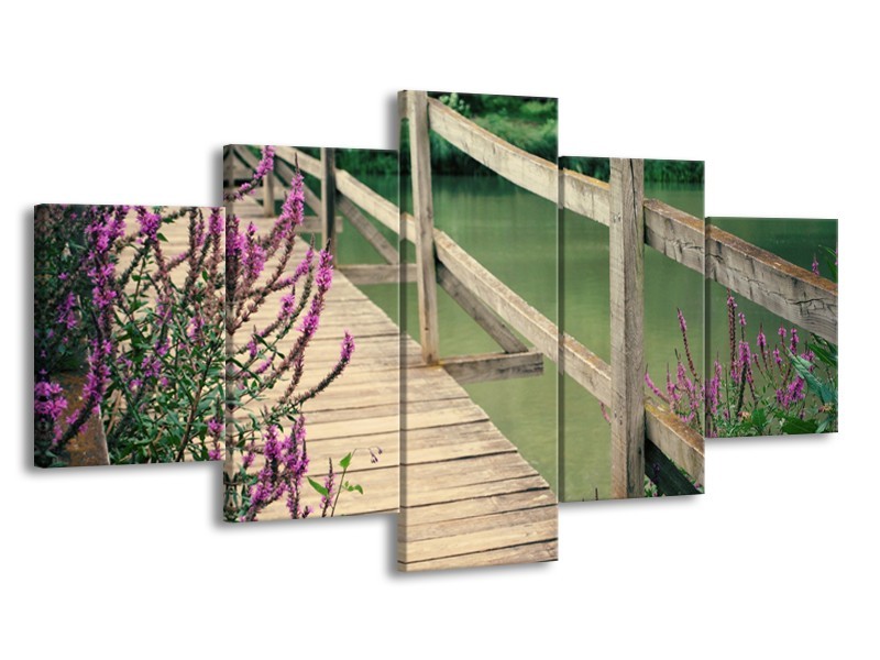 Canvas Schilderij Natuur, Brug | Groen, Paars, Grijs | 150x80cm 5Luik