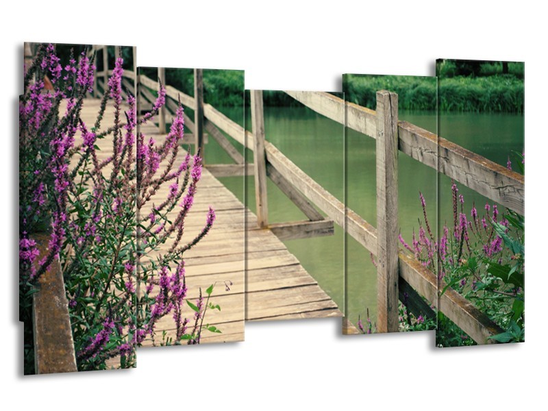 Canvas Schilderij Natuur, Brug | Groen, Paars, Grijs | 150x80cm 5Luik