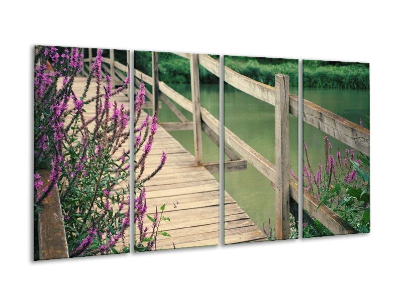 Canvas Schilderij Natuur, Brug | Groen, Paars, Grijs | 160x80cm 4Luik