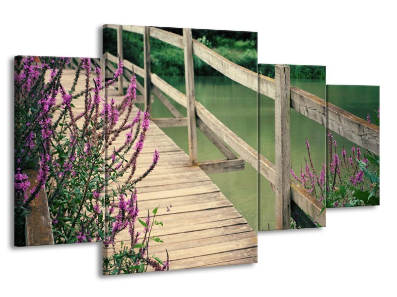 Canvas Schilderij Natuur, Brug | Groen, Paars, Grijs | 160x90cm 4Luik