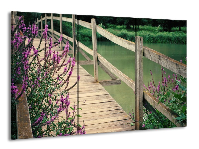 Glasschilderij Natuur, Brug | Groen, Paars, Grijs | 165x100cm 3Luik