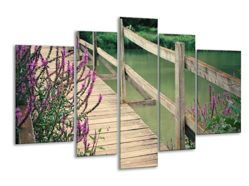 Glasschilderij Natuur, Brug | Groen, Paars, Grijs | 170x100cm 5Luik