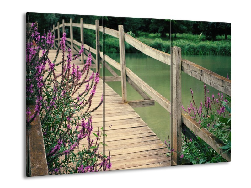 Glasschilderij Natuur, Brug | Groen, Paars, Grijs | 60x90cm 3Luik