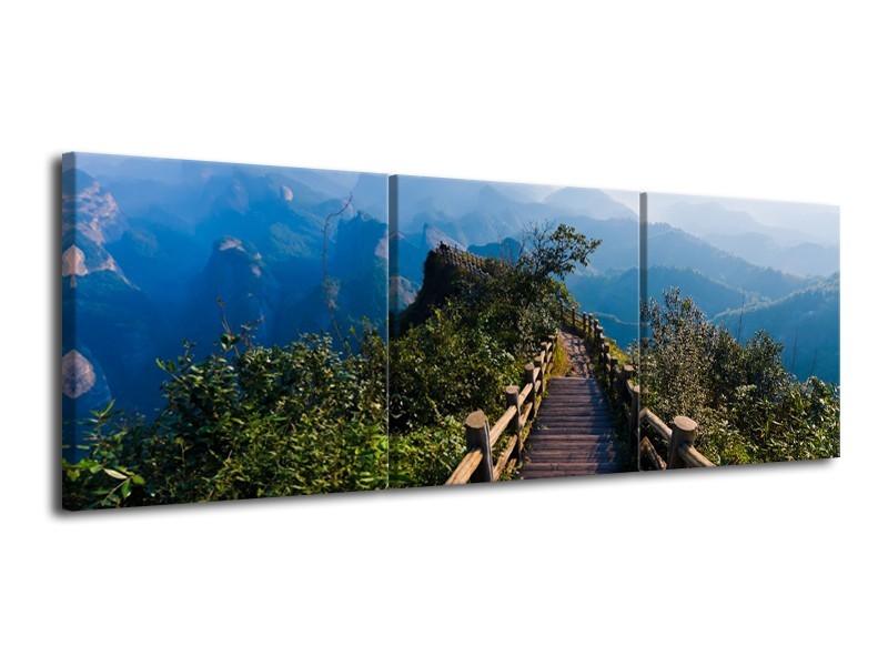 Canvas Schilderij Natuur, Brug | Blauw, Groen, Grijs | 120x40cm 3Luik