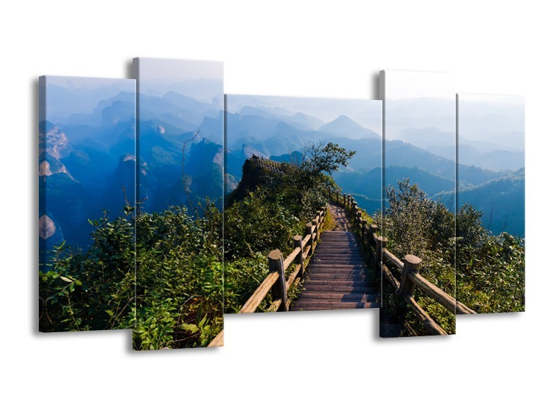 Canvas Schilderij Natuur, Brug | Blauw, Groen, Grijs | 120x65cm 5Luik