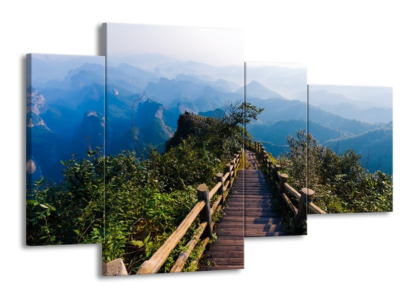 Canvas Schilderij Natuur, Brug | Blauw, Groen, Grijs | 120x75cm 4Luik