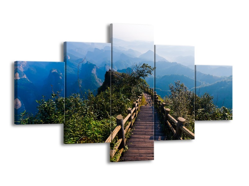 Canvas Schilderij Natuur, Brug | Blauw, Groen, Grijs | 125x70cm 5Luik