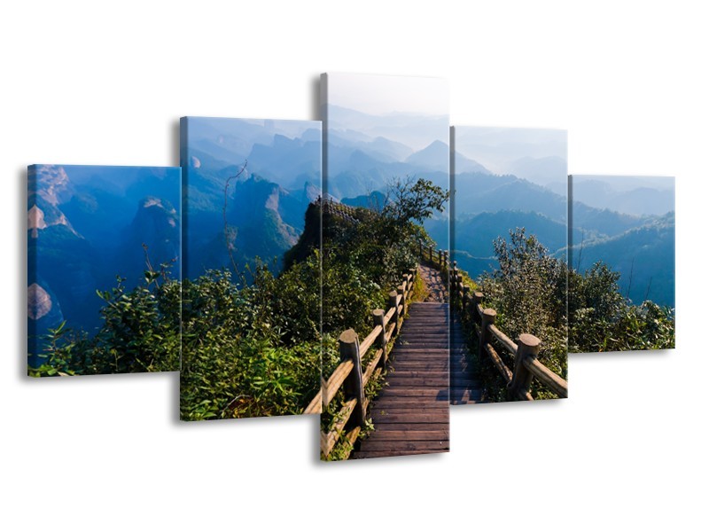 Canvas Schilderij Natuur, Brug | Blauw, Groen, Grijs | 150x80cm 5Luik